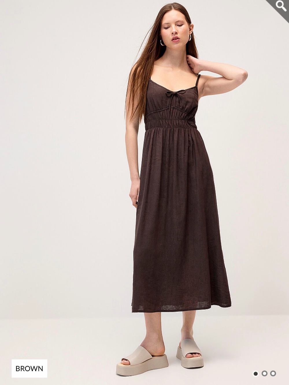 Simons Twix Brown Spaghetti-Strap Midi Dress with Front Tie
